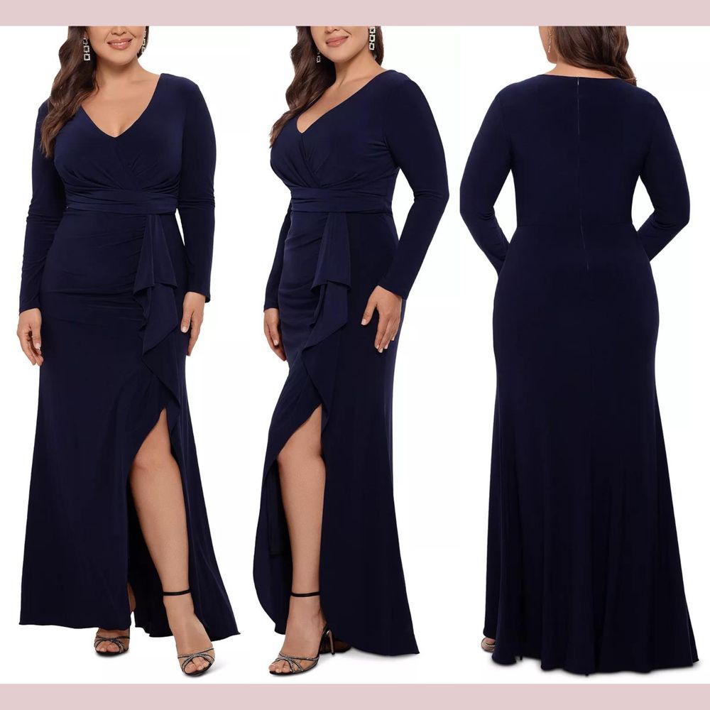 Nwt $209 Betsy Adam [ Plus 20w ] Elle Long Sleeve Side Ruffled Gown Navy #Q941